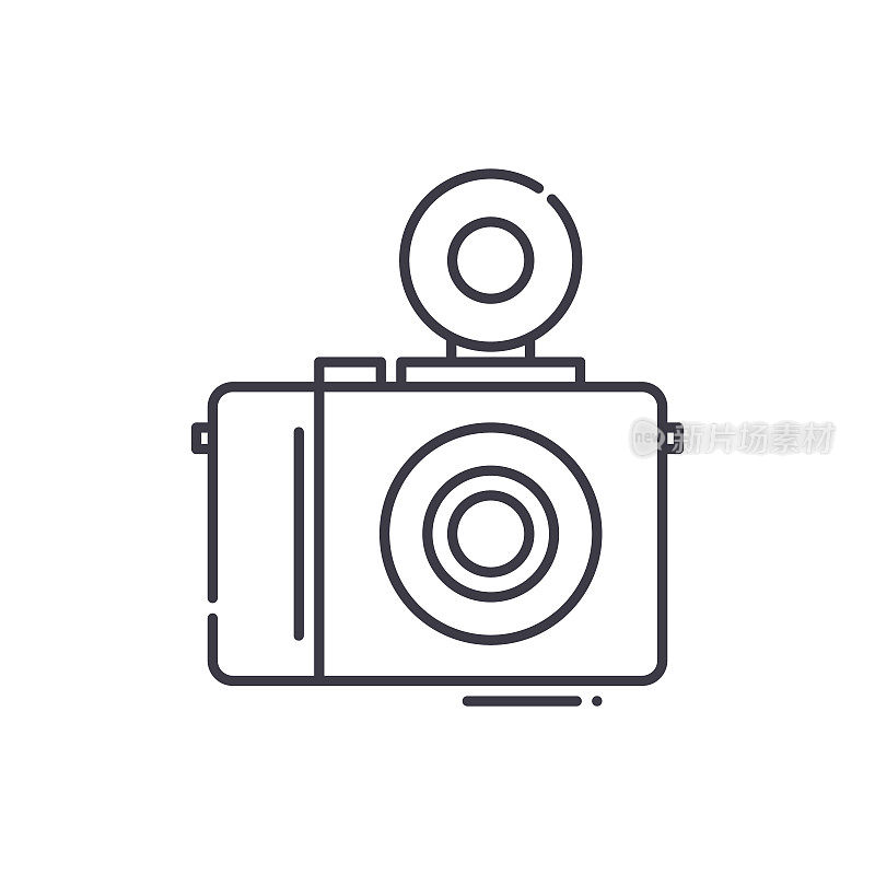 Compact camera with flash icon, linear isolated illustration, thin line vector, web design sign, outline concept symbol with editable stroke on white background.